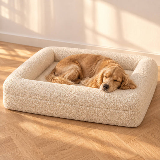 PUVANO Hundebett Design aus Bouclé mit Rand rundum, Cocker Spaniel schläft mit dem Kinn auf dem Rand