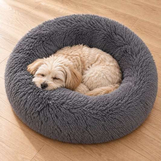 Hundebett Donut – flauschiger Langflor-Plüsch zum Einrollen