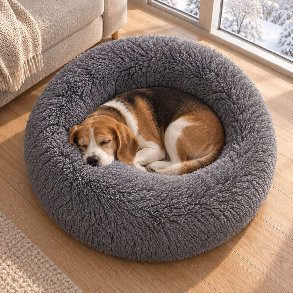 Hundebett Donut – flauschiger Langflor-Plüsch zum Einrollen