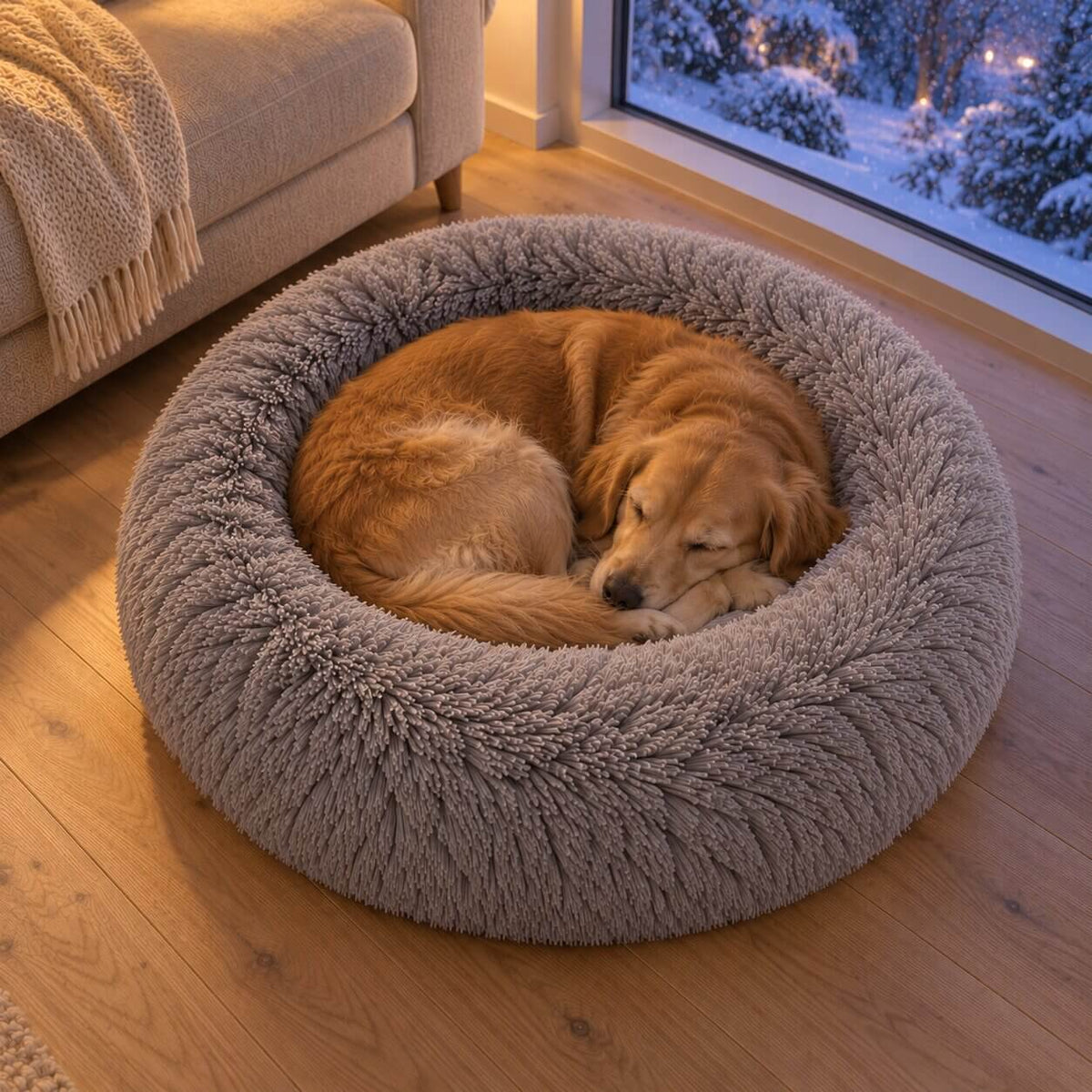 Hundebett Donut – flauschiger Langflor-Plüsch zum Einrollen