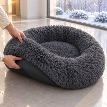 Hundebett Donut – flauschiger Langflor-Plüsch zum Einrollen