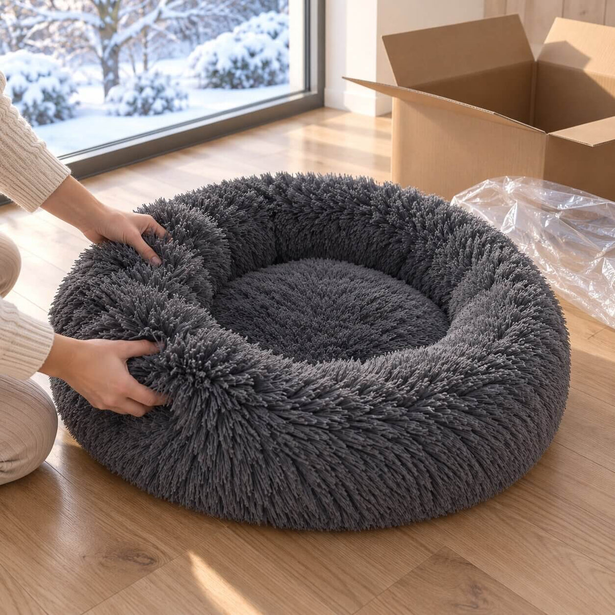 Hundebett Donut – flauschiger Langflor-Plüsch zum Einrollen