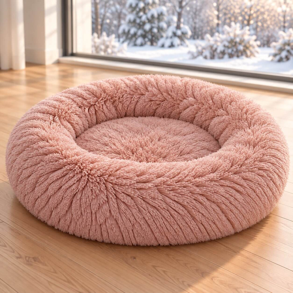 Hundebett Donut – flauschiger Langflor-Plüsch zum Einrollen