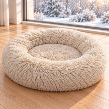 Hundebett Donut – flauschiger Langflor-Plüsch zum Einrollen